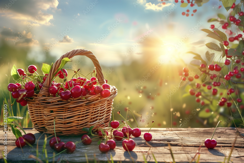 Harvesting of ripe cherries in a basket in the countryside Harvesting of ripe cherries in a basket in the countryside