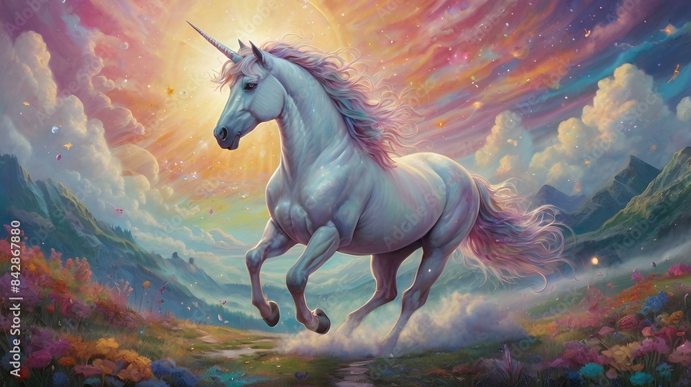 Fototapeta premium A dreamy pastel background of twinkling stars and colorful clouds. In the foreground, a majestic rhino leaps gracefully 