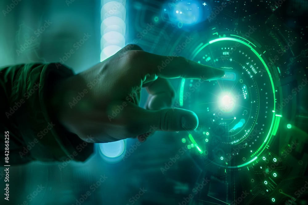 Businessman use his palm touching button on virtual screens, green technology and ecofriendly energy concept, blue scifi tone Businessman use his palm touching button on virtual screens, green technology and ecofriendly energy concept, blue scifi tone