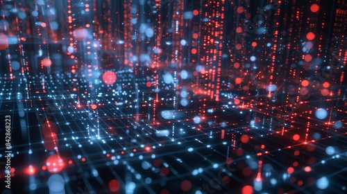 Wallpaper Mural Futuristic data flow with interconnected blue and red lights. Dynamic network visualization and information stream in cyberspace. Ideal for technology, AI, and big data concepts. Torontodigital.ca