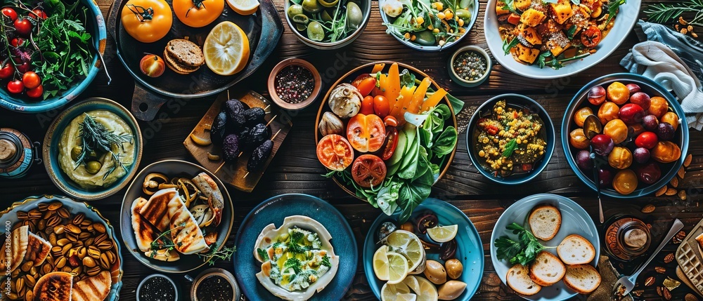 Capture a birds-eye view of a delectable spread of savory dishes on a rustic wooden table, emphasizing vibrant colors and textures, Capture a birds-eye view of a delectable spread of savory dishes on a rustic wooden table, emphasizing vibrant colors and textures,