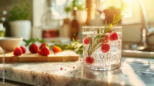 Wallpaper Mural A refreshing low-ABV spritzer with strawberries and rosemary sits on a sunlit marble countertop, surrounded by fresh strawberries and herbs in a cozy kitchen setting. Torontodigital.ca
