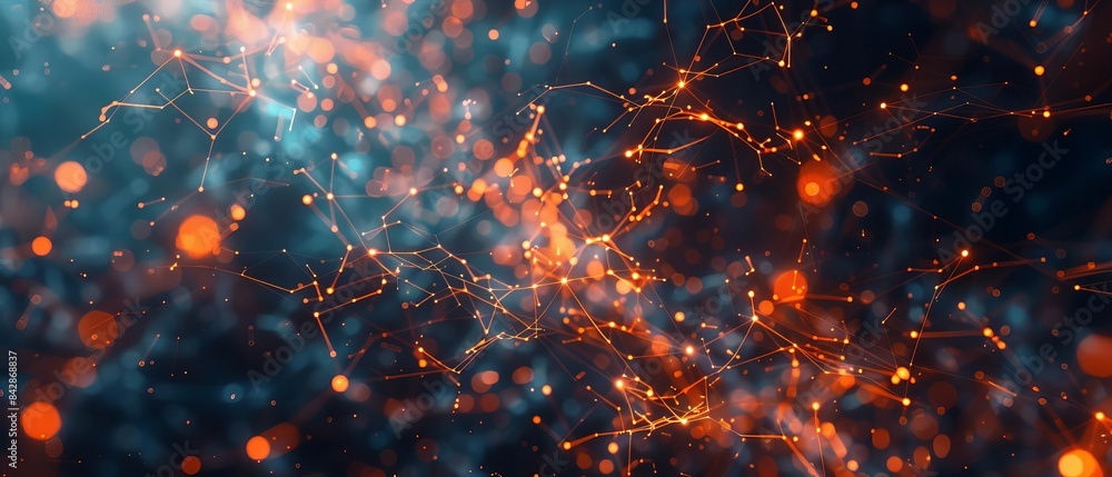 Capture a dynamic, tilted angle view of an abstract network, showcasing interconnected nodes and paths in a digital CG 3D style, Capture a dynamic, tilted angle view of an abstract network, showcasing interconnected nodes and paths in a digital CG 3D style,