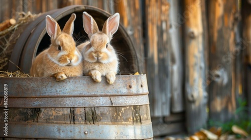 Two brown and white rabbits sit on the edge of a wooden barrel, peering at the camera.