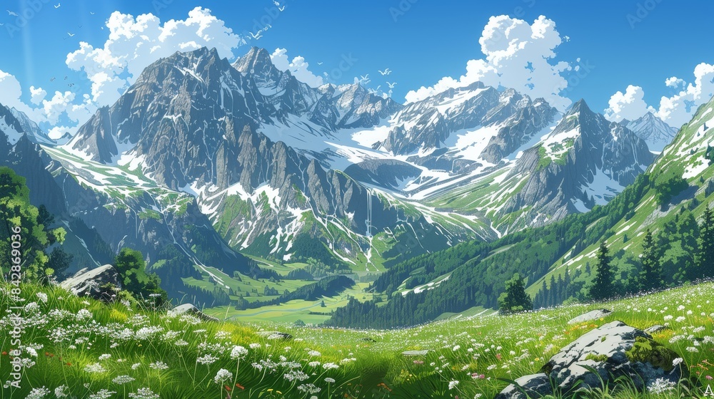 Alpine scene with snow-covered mountains, clear blue sky, and green valleys Alpine scene with snow-covered mountains, clear blue sky, and green valleys