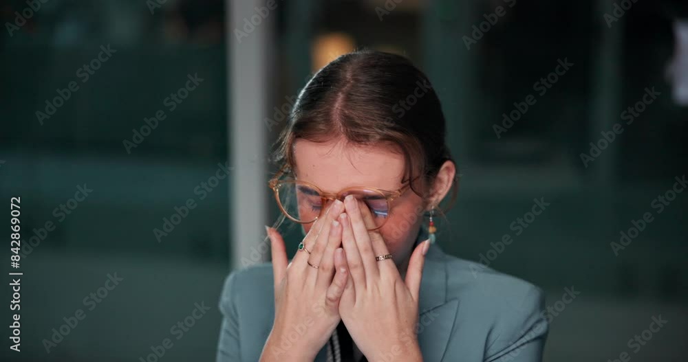 Stress, laptop and business woman at night working late on online project, planning and proposal report. Corporate office, professional and tired person with mistake, frustrated and anxiety for fail