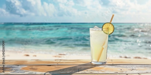 A chilled low-ABV beverage with a blue straw on a sun-drenched wooden table, set against the backdrop of a crystal-clear ocean and blue sky. Copy space