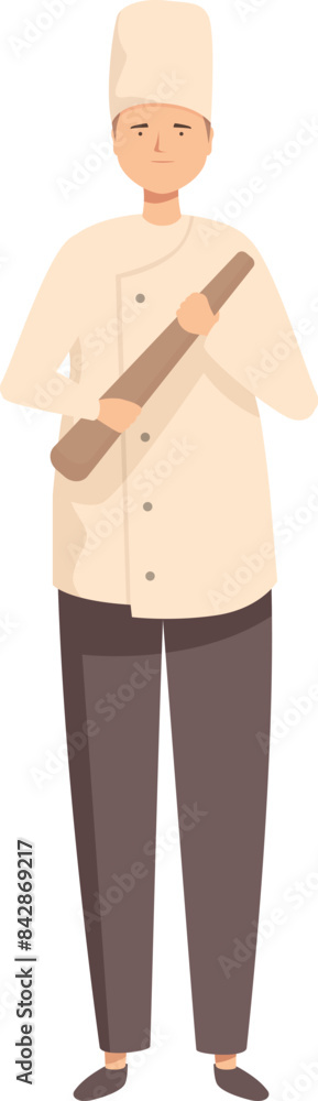 Confident baker man holding rolling pin wearing uniform standing Confident baker man holding rolling pin wearing uniform standing