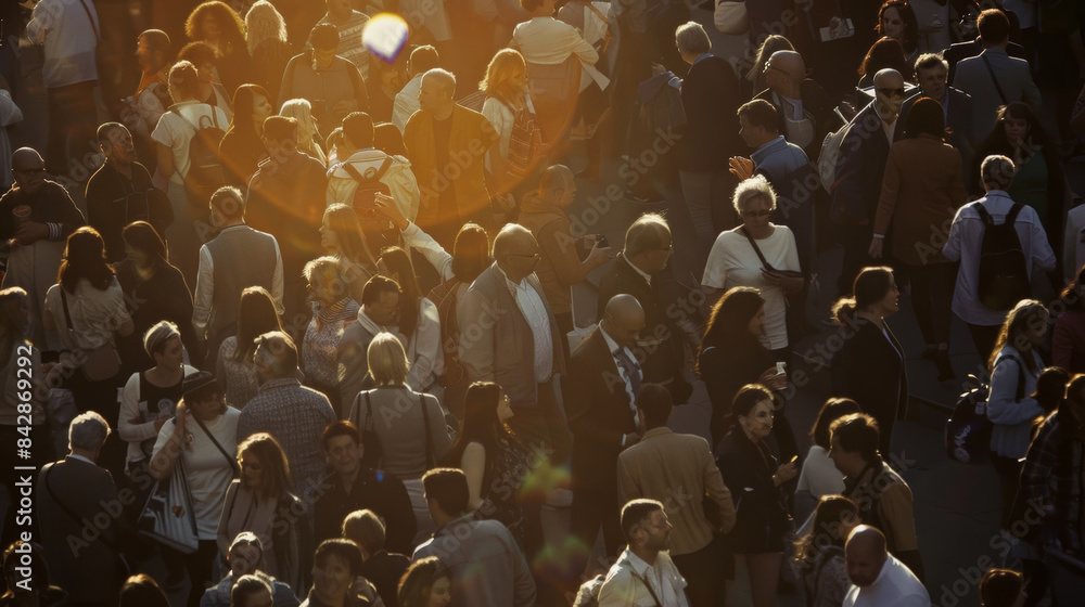 Obraz premium A crowd bathed in warm sunlight, capturing the vibrant and bustling atmosphere of a public gathering in the late afternoon.