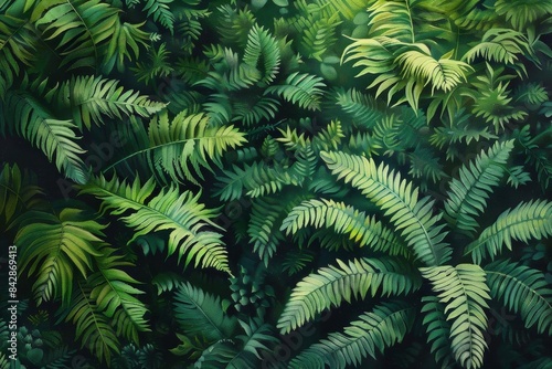 Capture a high-angle view of a lush, vibrant fern in a forest setting, emphasizing intricate details and rich green tones, ideal for a digital illustration,