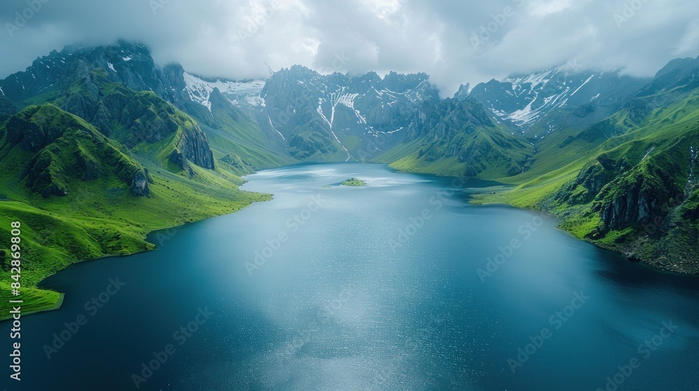 Fototapeta premium Aerial perspective of the serene Saiful Muluk Lake surrounded by mountains