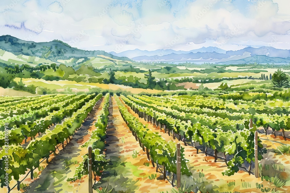 Naklejka premium Capture a mesmerizing aerial view of a lush vineyard spread in watercolor style, showcasing rows of grapevines under a clear sky,