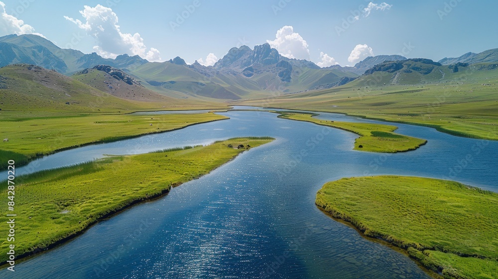 Drone perspective of the vast and serene Deosai National Park Drone perspective of the vast and serene Deosai National Park