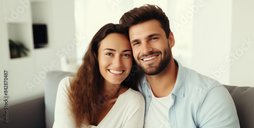 Happy smiling young couple hugging, cheerful laughing woman and man sitting on sofa at home together © rohappy