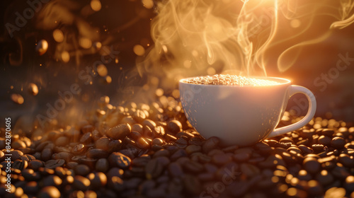 A steaming cup of coffee rests enchantingly amidst coffee beans, bathed in the morning’s gentle light. photo