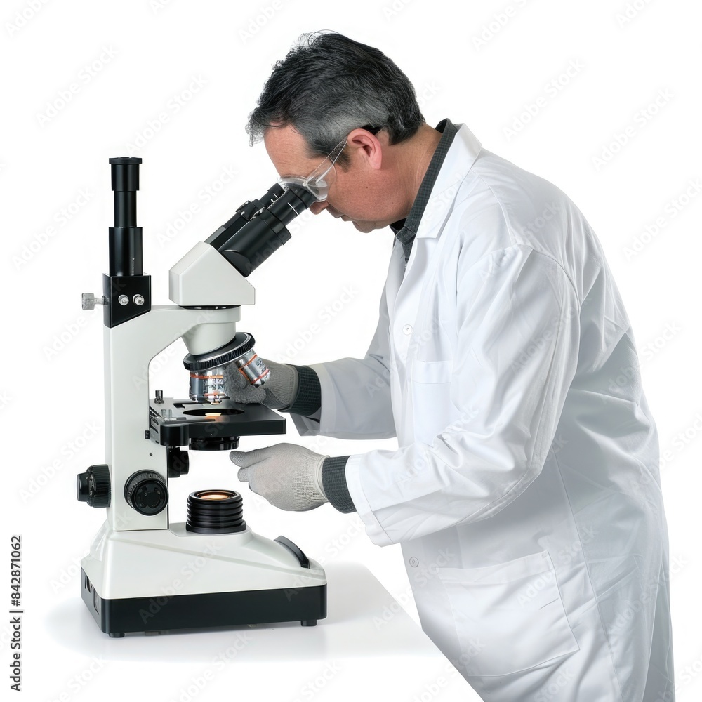 Lab Technician Examining Samples Through Microscope on White Background Lab Technician Examining Samples Through Microscope on White Background