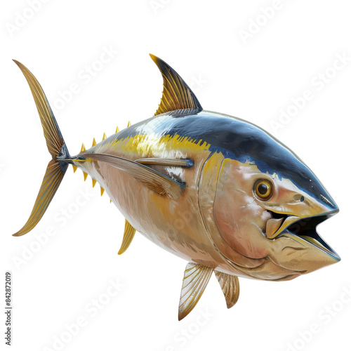 A large, realistic tuna with its mouth open, swimming in a dark blue water.  The fish has a blue, yellow and grey color.