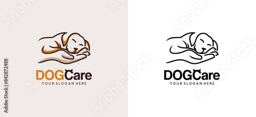 Dog pet care logo design, vector illustration of cute sweet dog logo in human palm