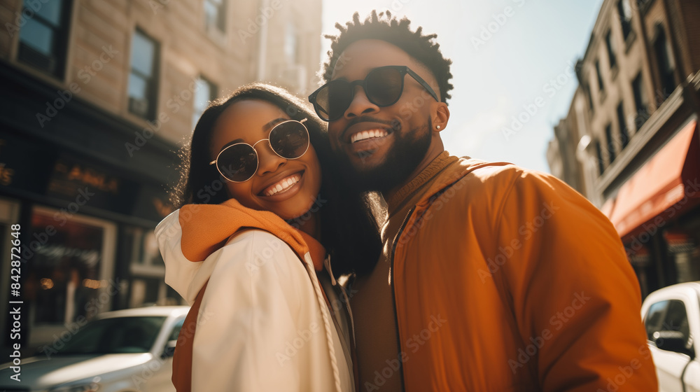 Portrait of happy smiling young black couple enjoys a summer walk in the city, african woman and man Portrait of happy smiling young black couple enjoys a summer walk in the city, african woman and man