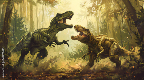 Fototapeta Naklejka Na Ścianę i Meble -  Battle of dinosaurs, wallpaper, The fantasy of protection and usurpation in ancient era