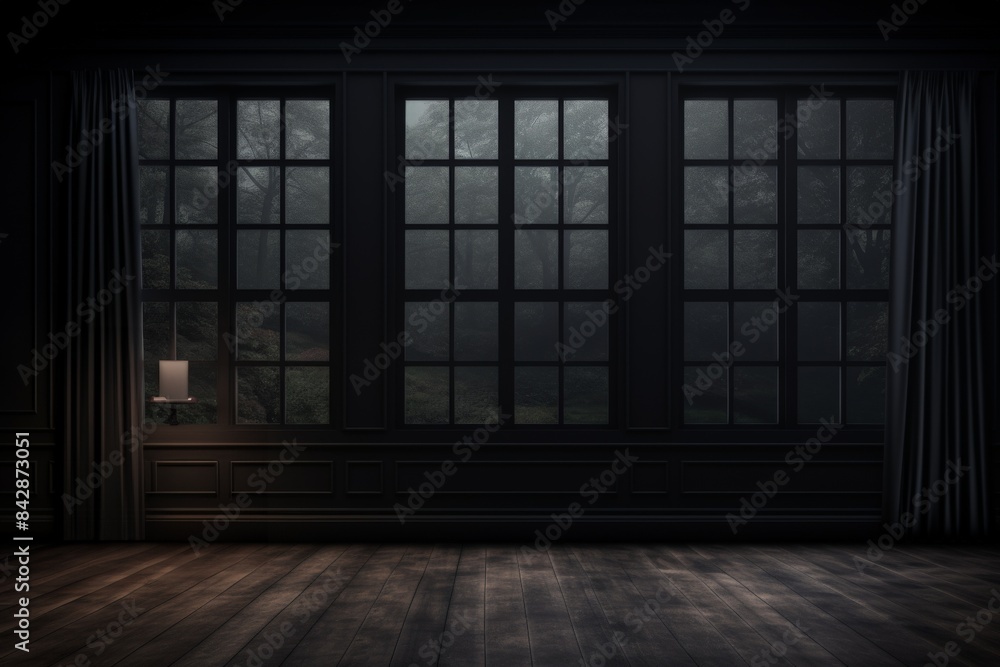 Dark, moody room with large windows overlooking a foggy, forested landscape, perfect for creating a mysterious and atmospheric setting. Dark, moody room with large windows overlooking a foggy, forested landscape, perfect for creating a mysterious and atmospheric setting.