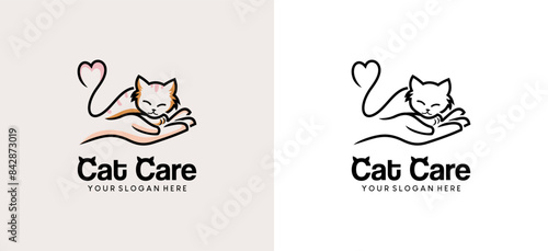 Cat pet care logo design, vector illustration of a cute sweet cat logo on a human palm