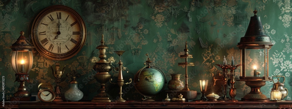 Compose a still life arrangement of antique objects against a textured blue wallpaper, highlighting the beauty of age and patina. Compose a still life arrangement of antique objects against a textured blue wallpaper, highlighting the beauty of age and patina.