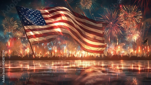 Vibrant American flag waving with colorful fireworks in the background, reflecting on calm water, celebrating national pride and independence. independence day concept