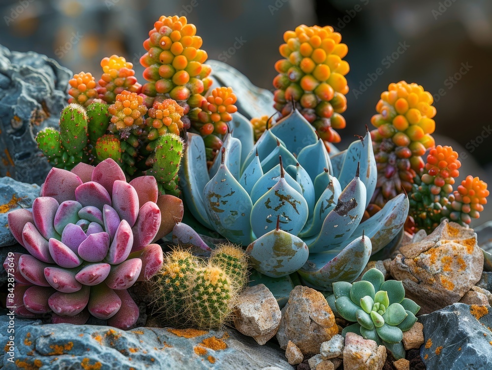 A succulent garden with a variety of shapes and colors of cacti and other desert plants.