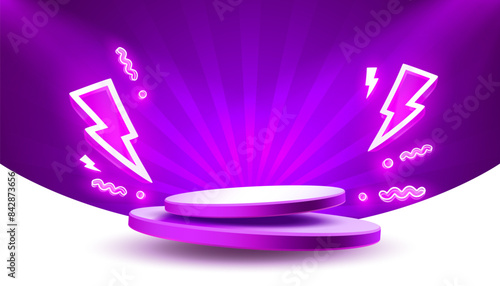 Electro scene mega sale, danger podium banner, neon night pedestal. Vector illustration