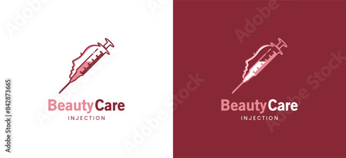 Beauty care injection logo design with woman's face vector symbol illustration