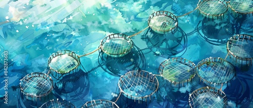 Aerial view of aquaculture fish farm with circular nets in turquoise water, showcasing sustainable seafood production practices and marine agriculture.