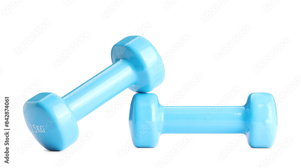 Light blue dumbbells isolated on white. Sports equipment Light blue dumbbells isolated on white. Sports equipment