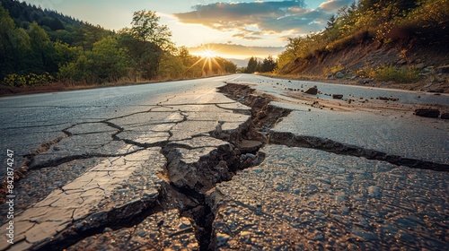 Cracked rural road with deep fissure against a dramatic sunset sky. Signs of earthquake damage and natural landscape in the background.