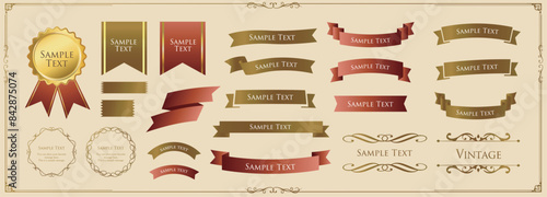 リボンの装飾デザインセットとアンティークな罫線やフレームデザイン