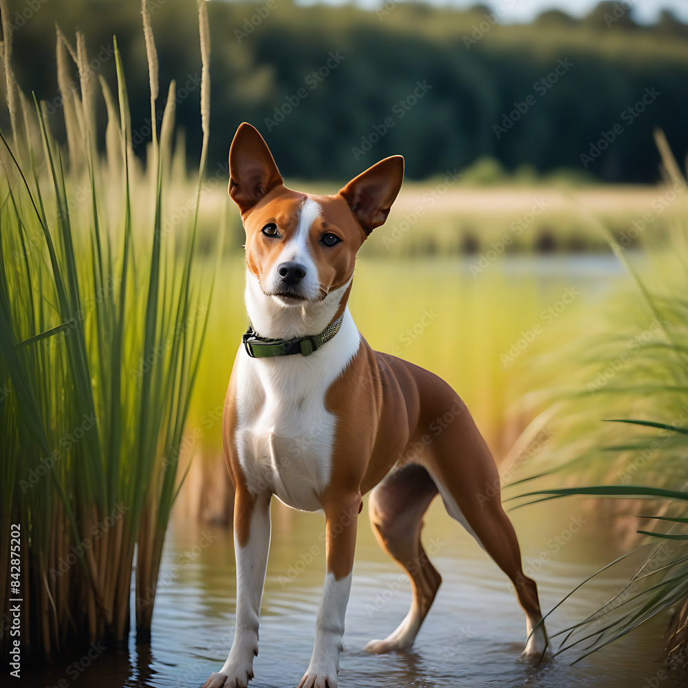 A cool Basenji standing alertly amidst a field of tall swaying reeds alongside a peaceful river