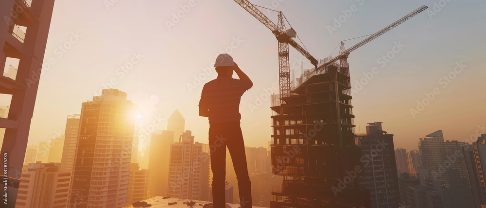 A construction worker overlooking a cityscape from a high-rise building under construction during sunrise, symbolizing growth and progress. A construction worker overlooking a cityscape from a high-rise building under construction during sunrise, symbolizing growth and progress.