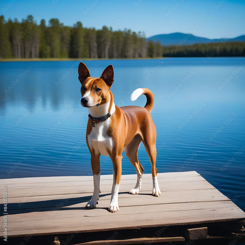 A cool Basenji standing proudly on a rustic wooden dock with a serene lake stretching out before it A cool Basenji standing proudly on a rustic wooden dock with a serene lake stretching out before it