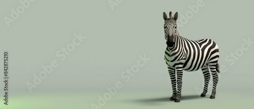 A zebra stands against a muted green background, showcasing its bold, distinctive black and white stripes and gentle gaze.