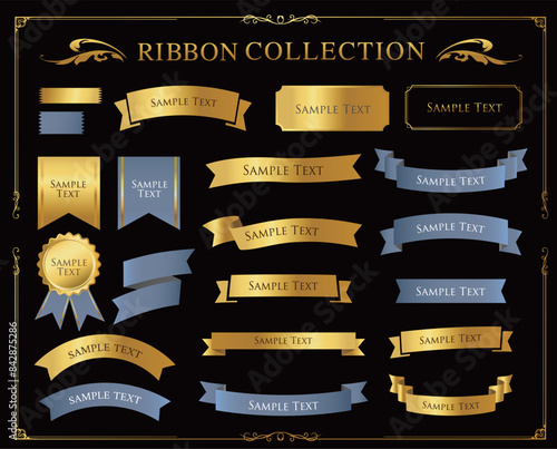 リボンの装飾デザインセットとアンティークな罫線やフレームデザイン