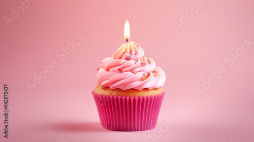 Delicious pink frosted cupcake with a lit candle on top, isolated on a pink background. Perfect for birthdays and celebrations.