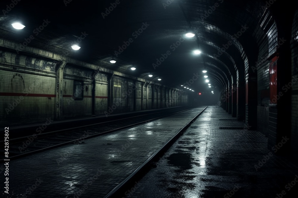 Dimly lit empty subway platform at night, with wet ground reflecting light, creating a mysterious and eerie atmosphere. Dimly lit empty subway platform at night, with wet ground reflecting light, creating a mysterious and eerie atmosphere.