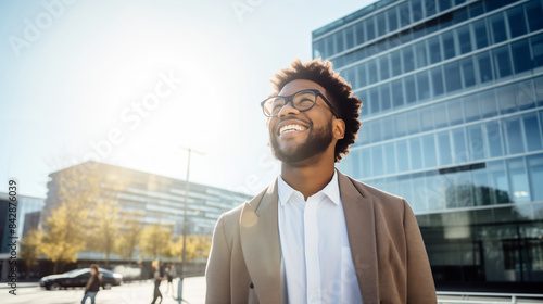Confident happy smiling black entrepreneur standing in the city, african businessman looking away