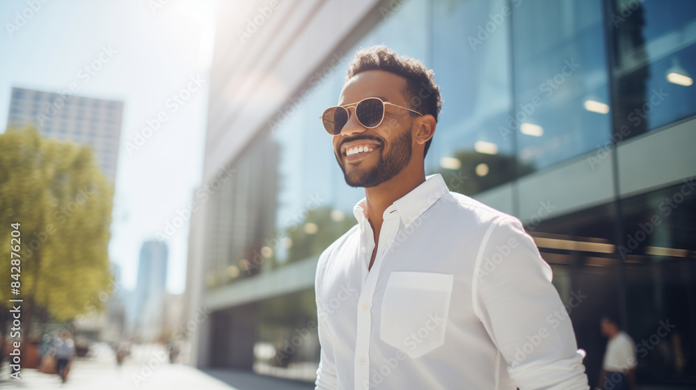 Obraz premium Confident happy smiling black entrepreneur standing in the city, wearing glasses and looking away
