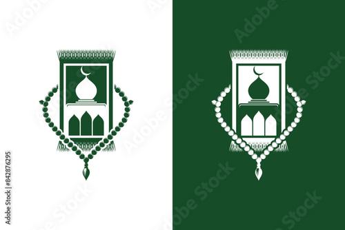 Vector illustration design of green prayer mat and Islamic prayer beads with mosque symbols