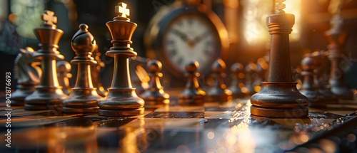 Closeup of chess pieces with a clock in the background, illuminated by warm light, Digital Art, High Detail, Dramatic 8K , high-resolution, ultra HD,up32K HD