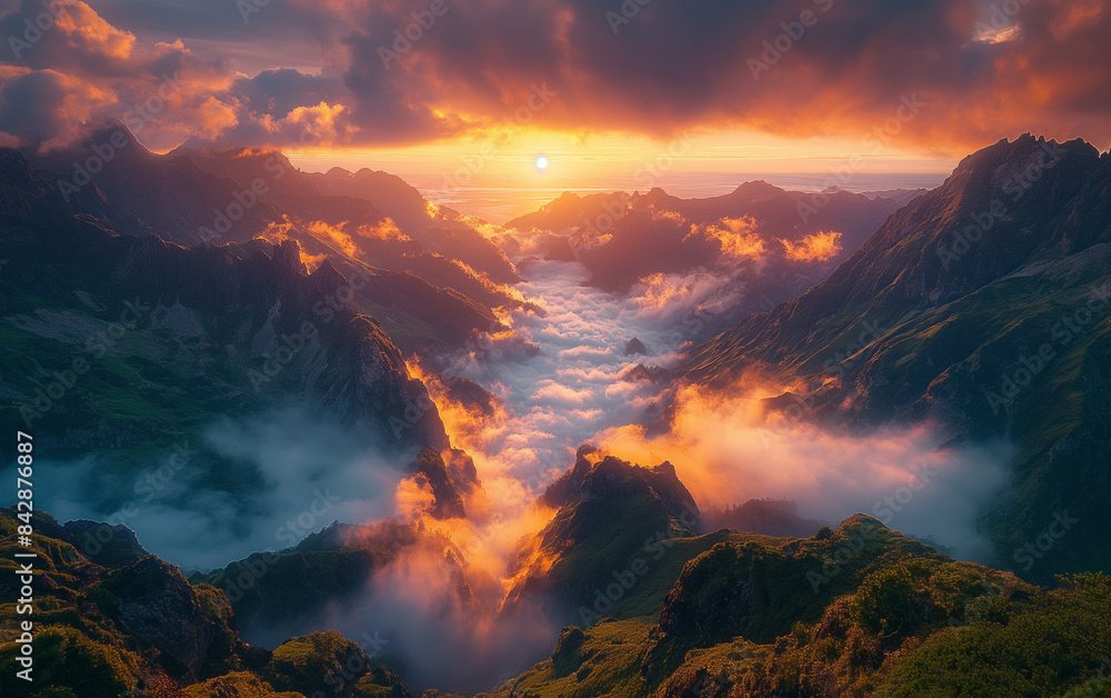 Mountainside Landscape with misty clouds with river in the valley below in sunset light, Mountain top Mountainside Landscape with misty clouds with river in the valley below in sunset light, Mountain top