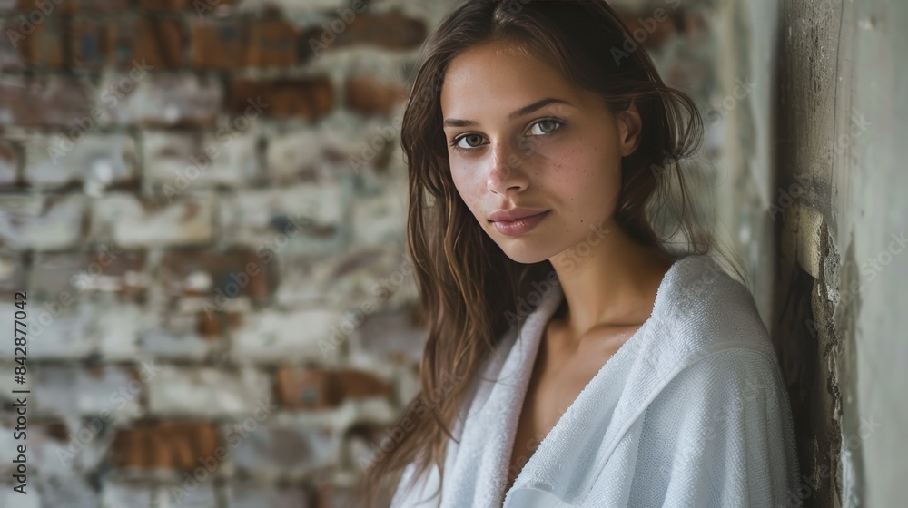 Confident Dutch Model in Towel Against Brick Wall - Fashion Campaign Copyspace Confident Dutch Model in Towel Against Brick Wall - Fashion Campaign Copyspace