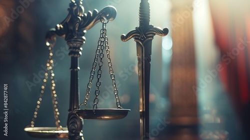 Close-up of scales of justice with a sword in the background, set against a courtroom scene, symbolizing balance, judgment, and the rule of law