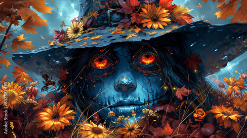 Blue-painted pumpkin head with pointy hat and autumn flowers, spooky halloween background